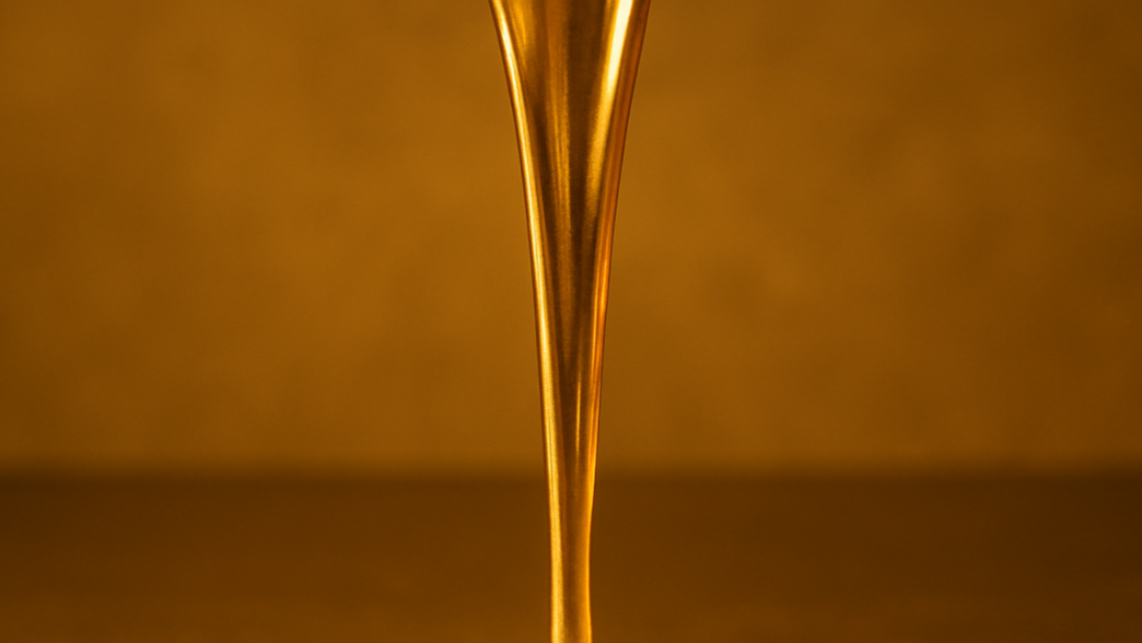 liquid gold pouring from the top of the image with a puddle of liquid gold at the bottom of the image